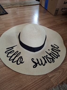 Straw Sun Hat with 'Hello Sunshine' Embroidery and Black Band
